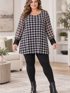 Alfani Black & White Houndstooth Sheer-Sleeve Tunic